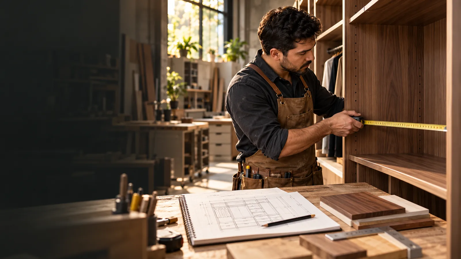 Carpintero midiendo cuidadosamente un armario de madera en su taller